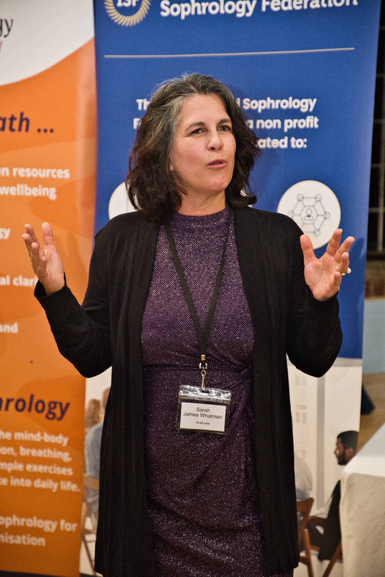 Sarah James Whatman speaking at a Sophrology event